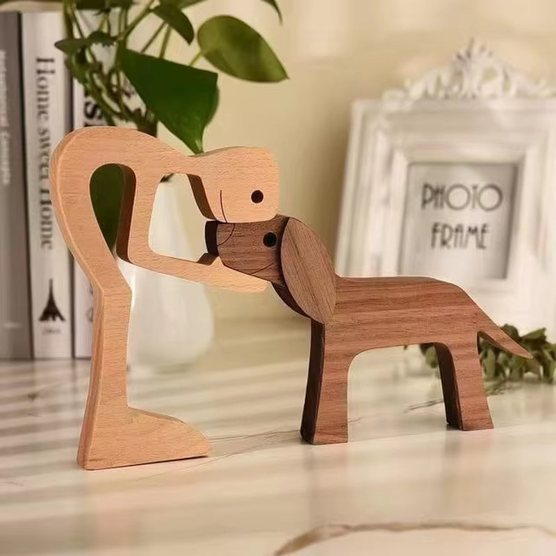 Family Puppy Wood Dog Craft Figurine Valentine'S Day Gift Carving Model Home Office Decoration Christmas Gift Couple Decoration