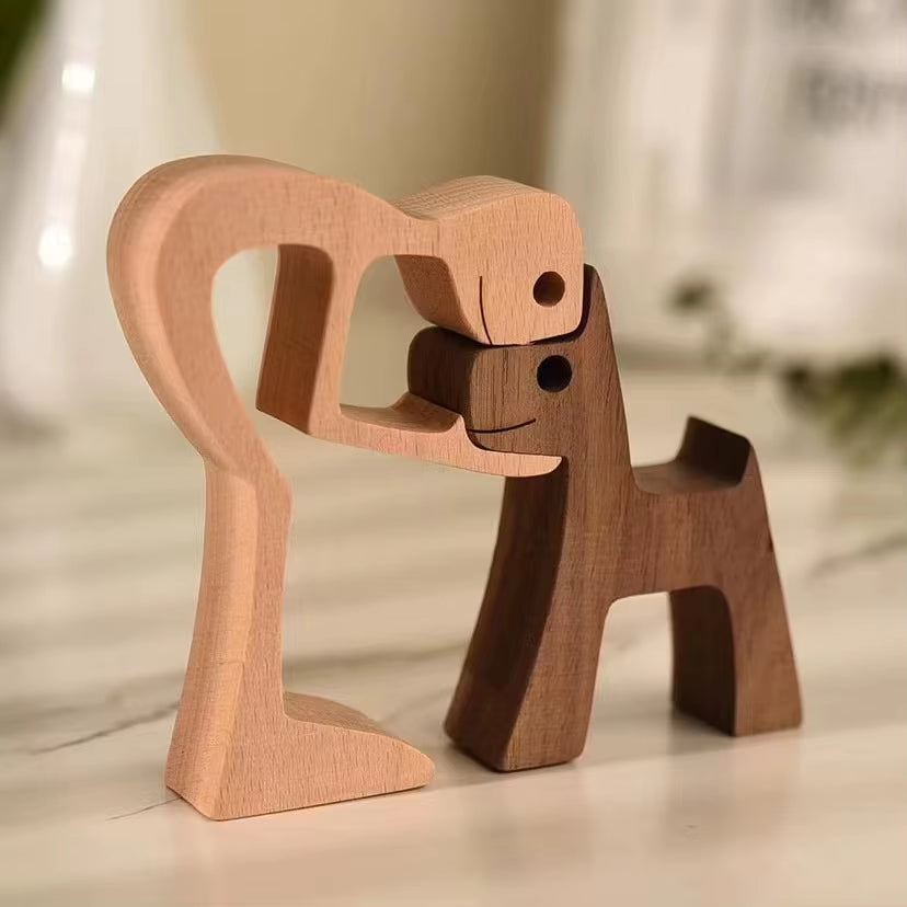 Family Puppy Wood Dog Craft Figurine Valentine'S Day Gift Carving Model Home Office Decoration Christmas Gift Couple Decoration