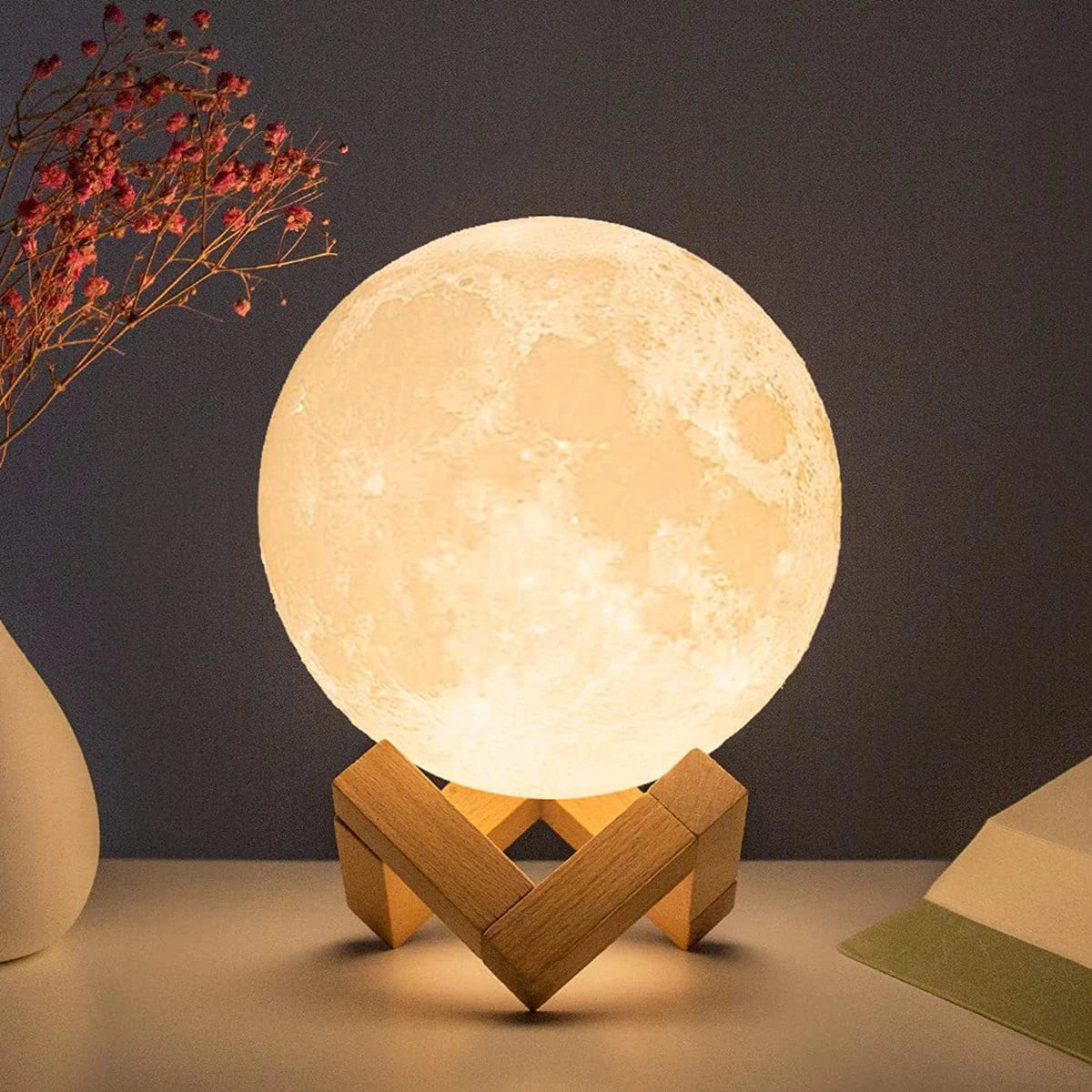 ReyLuxe23 - D5 8Cm Moon Lamp LED Night Light Battery Powered with Stand Starry Lamp Bedroom Decor Night Lights Kids Gift Moon Lamp Xmas Gift