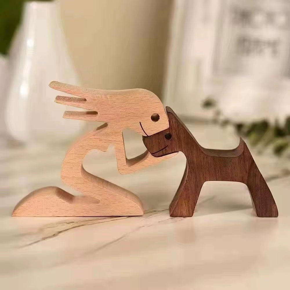 Family Puppy Wood Dog Craft Figurine Valentine'S Day Gift Carving Model Home Office Decoration Christmas Gift Couple Decoration