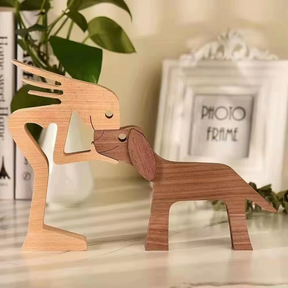 Family Puppy Wood Dog Craft Figurine Valentine'S Day Gift Carving Model Home Office Decoration Christmas Gift Couple Decoration